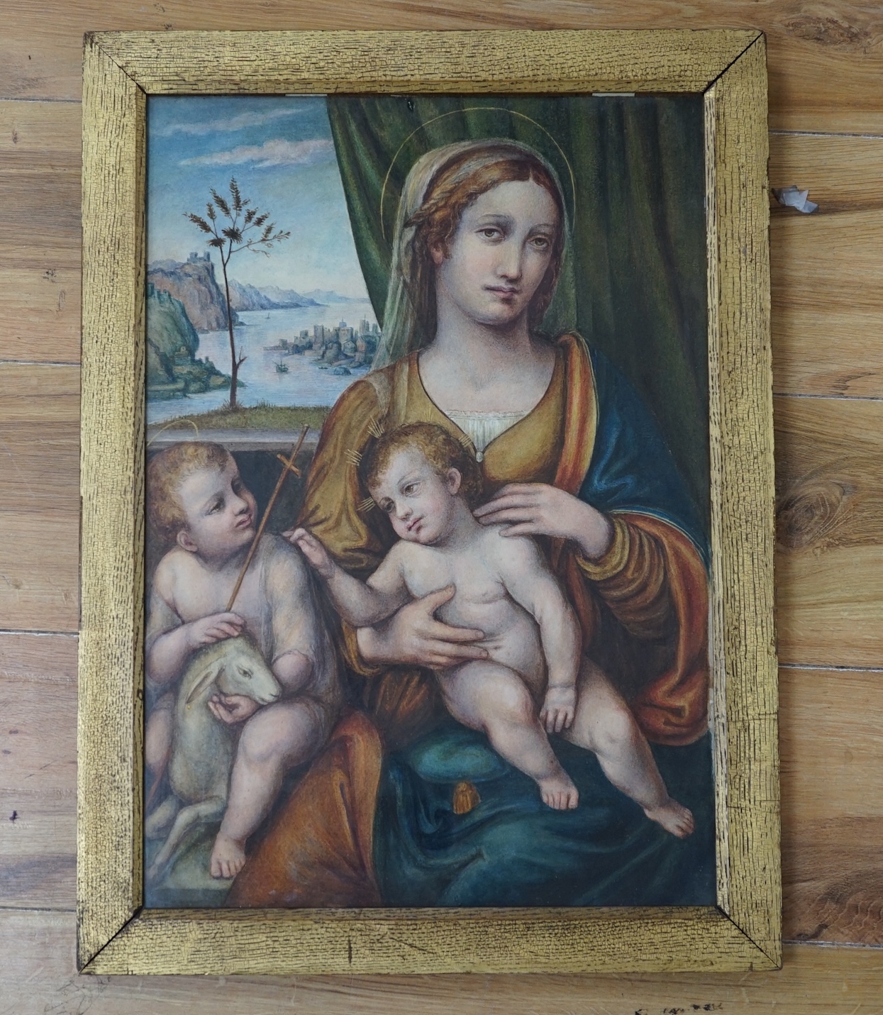 Italian School, watercolour, Madonna and child with the infant St John the Baptist, unsigned, 47 x 32cm. Condition - fair